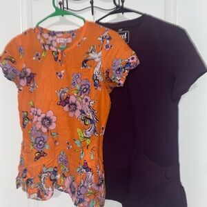 Koi Orange Floral Scrub Top & Purple Scrub Top